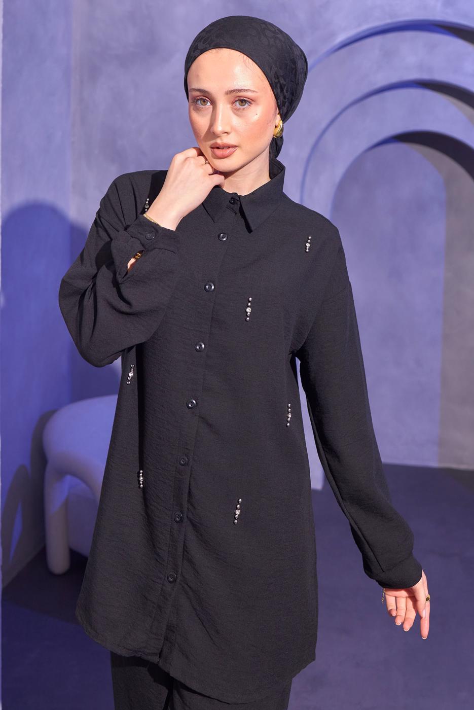 Tesettür giyim SİYAH TAŞ DETAYLI PANTOLONLU TAKIM T 0414