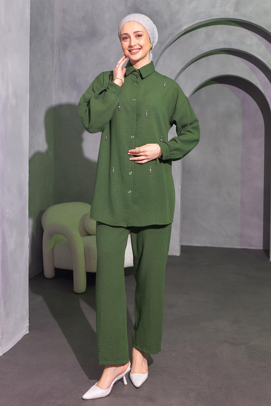 Tesettür giyim HAKİ TAŞ DETAYLI PANTOLONLU TAKIM T 0414