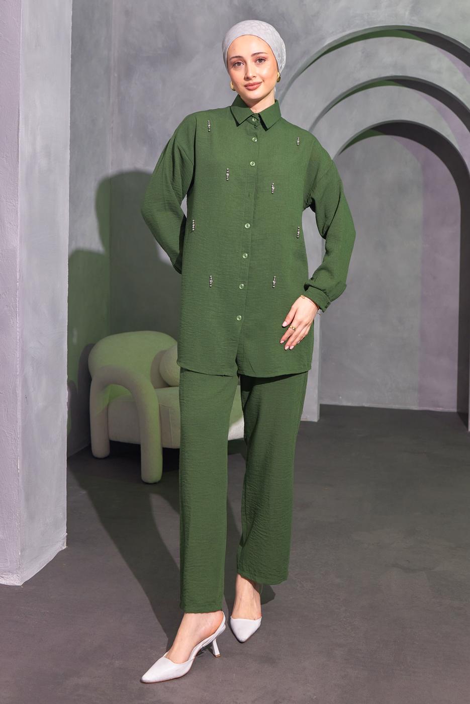 Tesettür giyim HAKİ TAŞ DETAYLI PANTOLONLU TAKIM T 0414