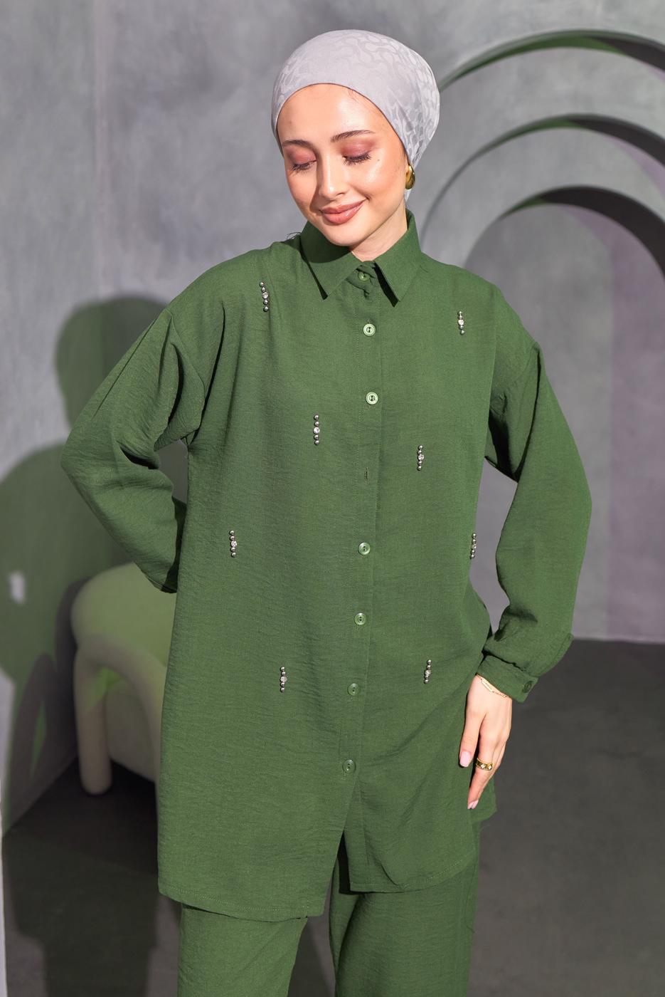 Tesettür giyim HAKİ TAŞ DETAYLI PANTOLONLU TAKIM T 0414