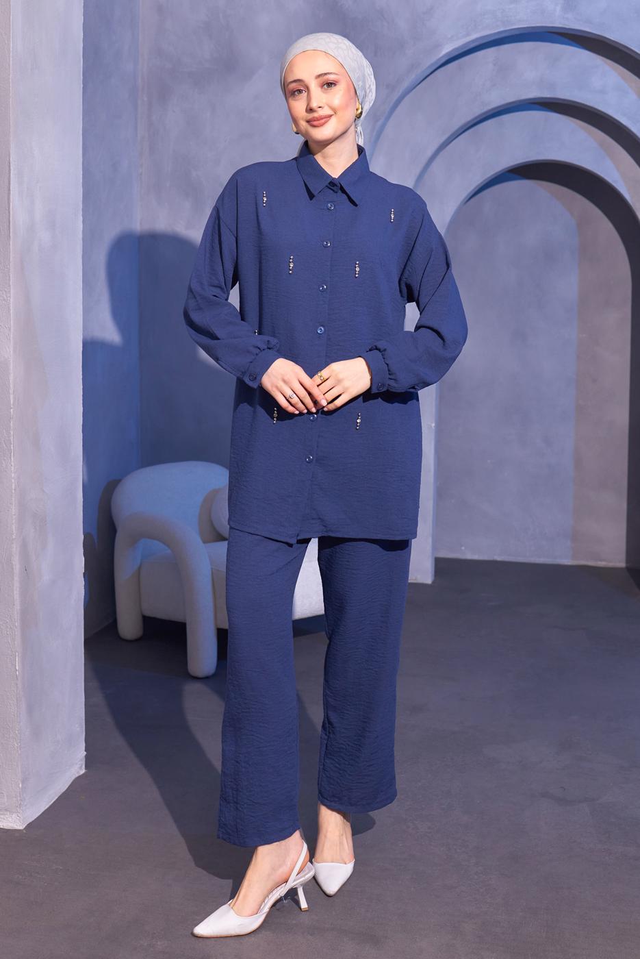 Tesettür giyim LACİVERT TAŞ DETAYLI PANTOLONLU TAKIM T 0414