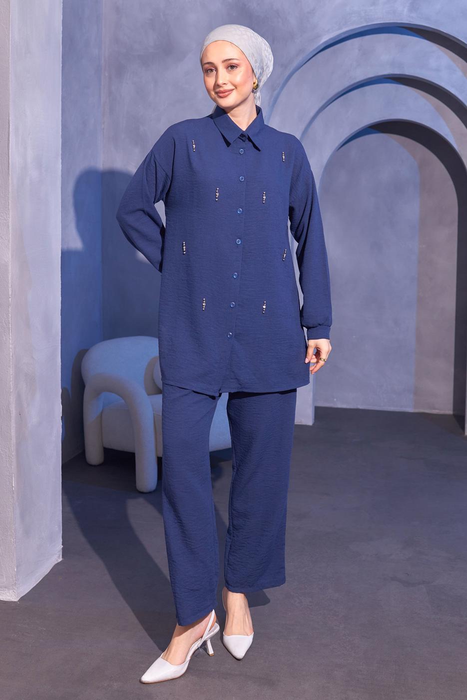 Tesettür giyim LACİVERT TAŞ DETAYLI PANTOLONLU TAKIM T 0414