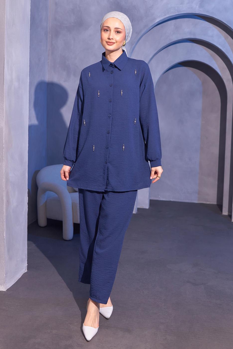 Tesettür giyim LACİVERT TAŞ DETAYLI PANTOLONLU TAKIM T 0414