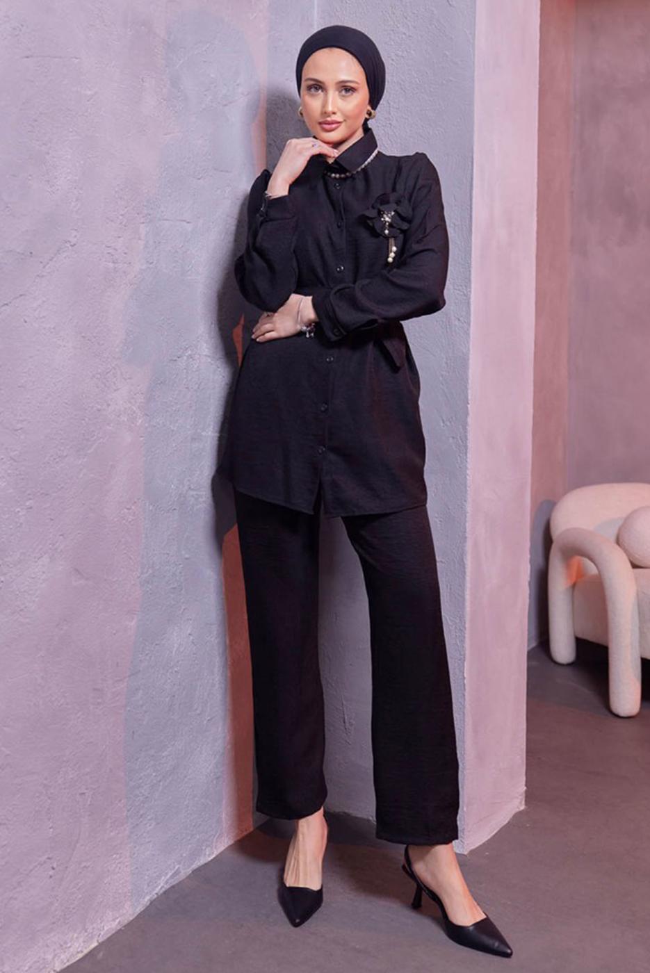 Tesettür giyim SİYAH BROŞ DETAYLI PANTOLONLU TAKIM T 0493