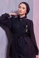 Tesettür giyim SİYAH BROŞ DETAYLI PANTOLONLU TAKIM T 0493