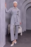 Tesettür giyim GRİ BROŞ DETAYLI PANTOLONLU TAKIM T 0493