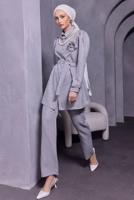 Tesettür giyim GRİ BROŞ DETAYLI PANTOLONLU TAKIM T 0493