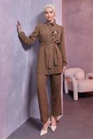 Tesettür giyim KAHVE BROŞ DETAYLI PANTOLONLU TAKIM T 0493