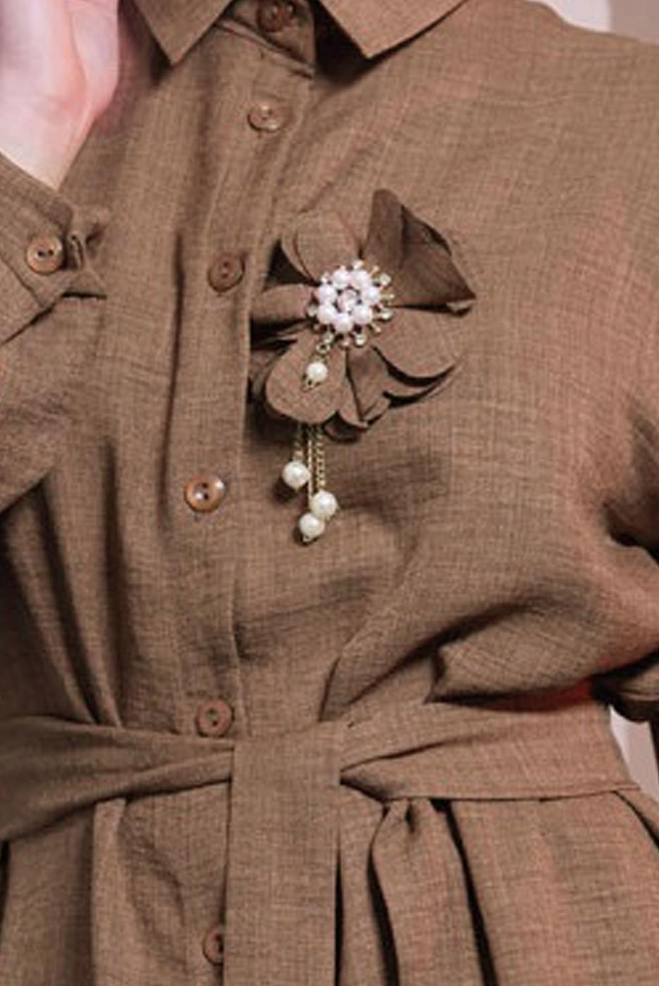 Tesettür giyim KAHVE BROŞ DETAYLI PANTOLONLU TAKIM T 0493