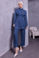 Tesettür giyim LACİVERT BROŞ DETAYLI PANTOLONLU TAKIM T 0493