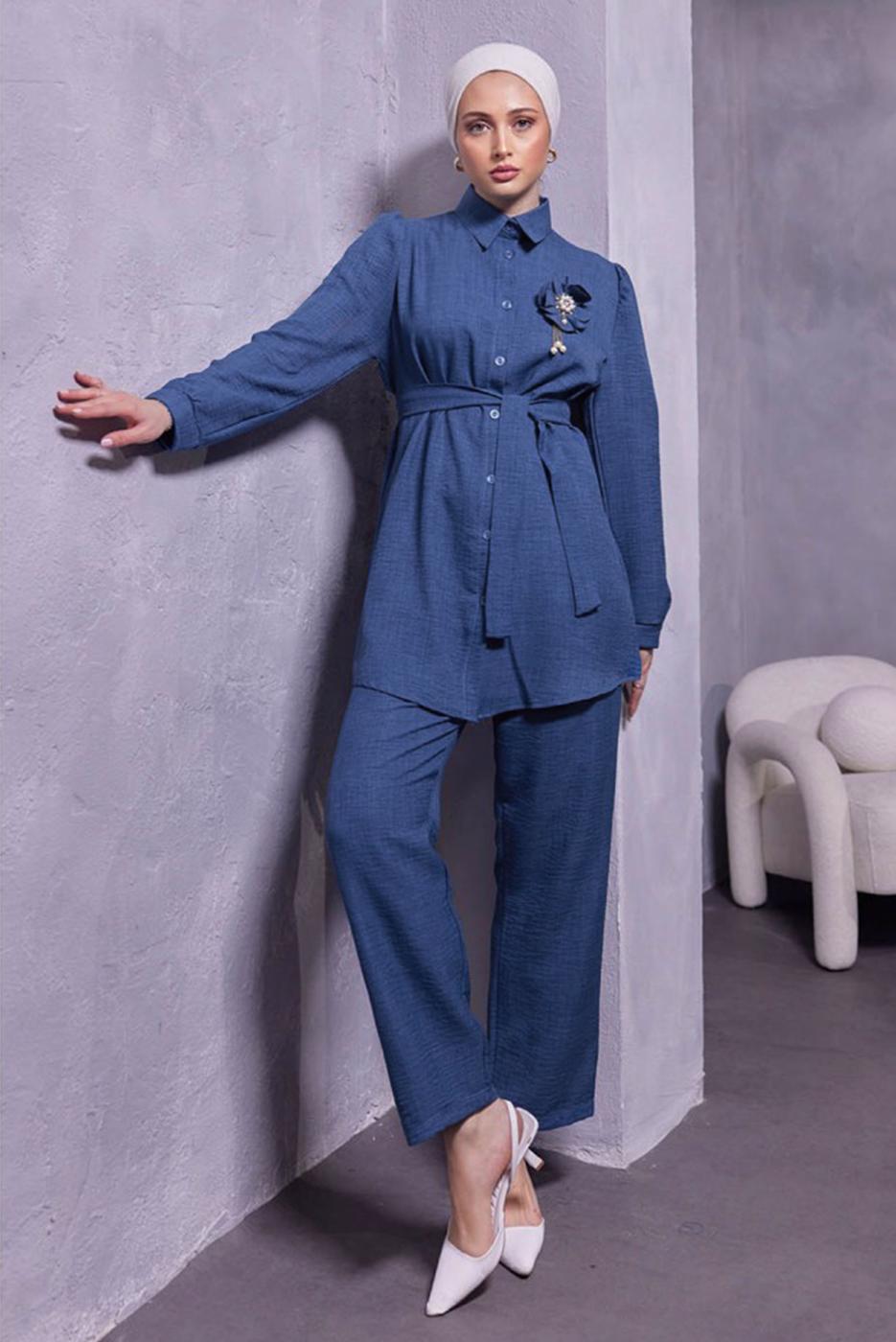 Tesettür giyim LACİVERT BROŞ DETAYLI PANTOLONLU TAKIM T 0493
