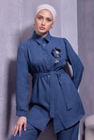Tesettür giyim LACİVERT BROŞ DETAYLI PANTOLONLU TAKIM T 0493