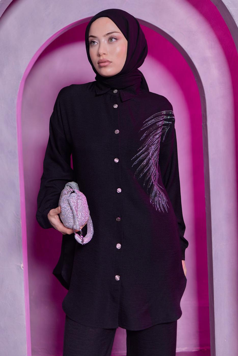 Tesettür giyim SİYAH TAŞ BASKILI PANTOLONLU TAKIM T 0783