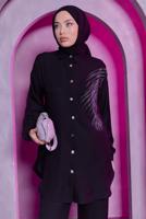 Tesettür giyim SİYAH TAŞ BASKILI PANTOLONLU TAKIM T 0783