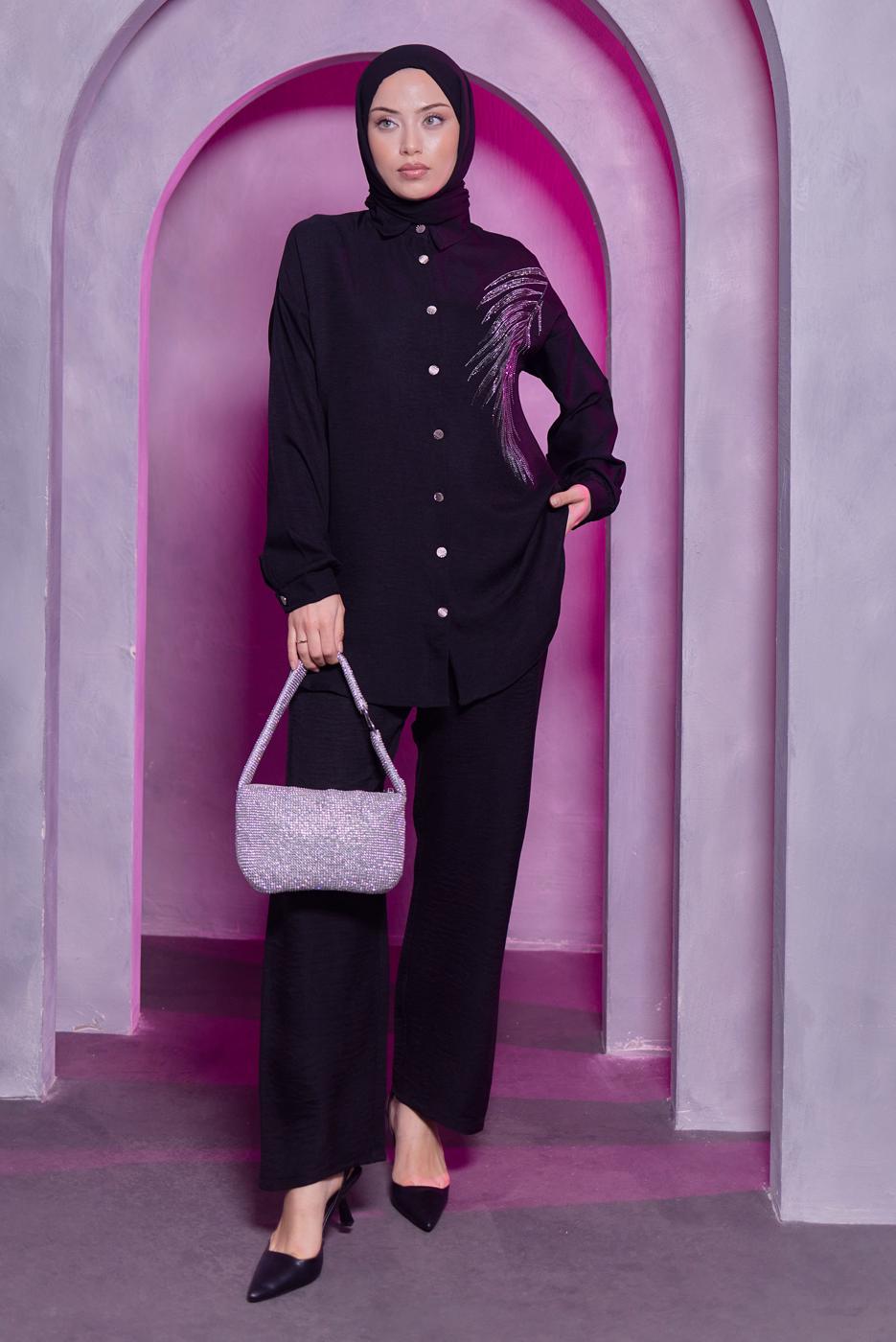 Tesettür giyim SİYAH TAŞ BASKILI PANTOLONLU TAKIM T 0783