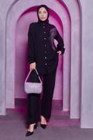 Tesettür giyim SİYAH TAŞ BASKILI PANTOLONLU TAKIM T 0783