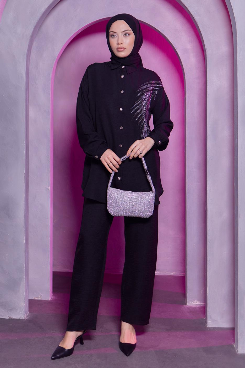 Tesettür giyim SİYAH TAŞ BASKILI PANTOLONLU TAKIM T 0783