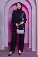 Tesettür giyim SİYAH TAŞ BASKILI PANTOLONLU TAKIM T 0783