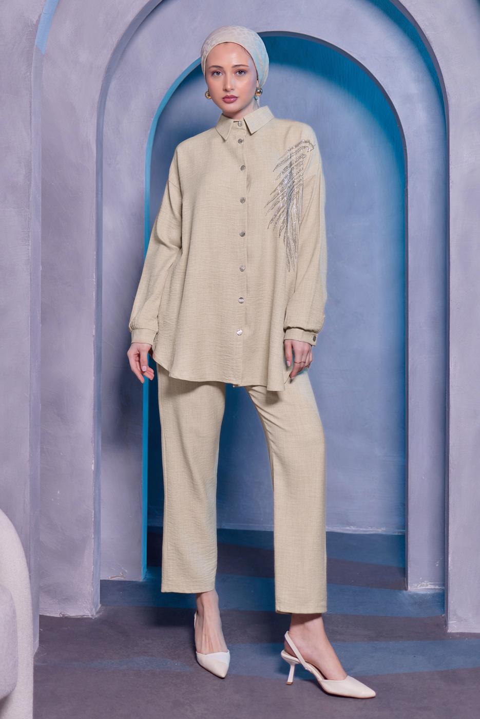 Tesettür giyim BEJ TAŞ BASKILI PANTOLONLU TAKIM T 0783