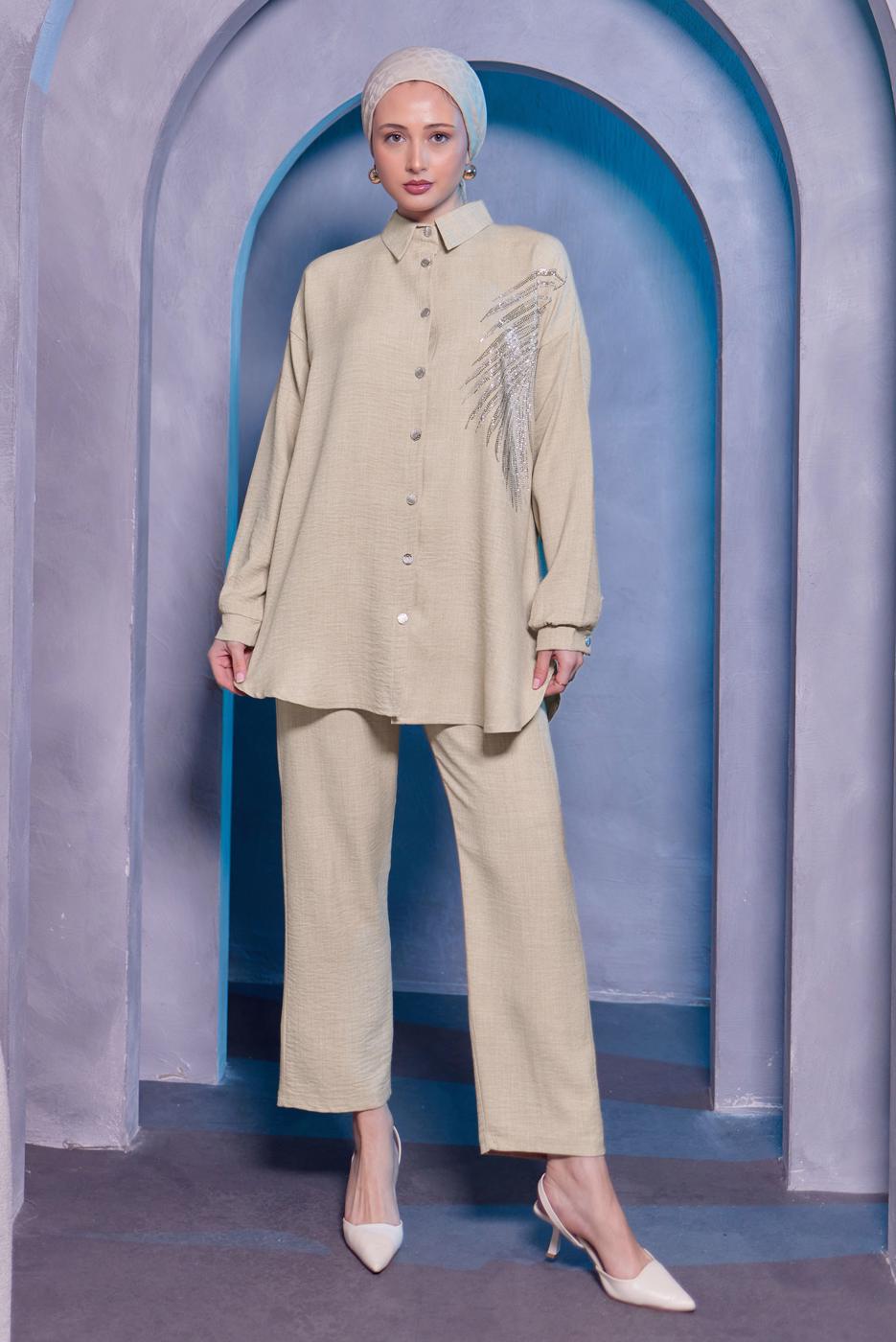 Tesettür giyim BEJ TAŞ BASKILI PANTOLONLU TAKIM T 0783