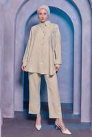 Tesettür giyim BEJ TAŞ BASKILI PANTOLONLU TAKIM T 0783