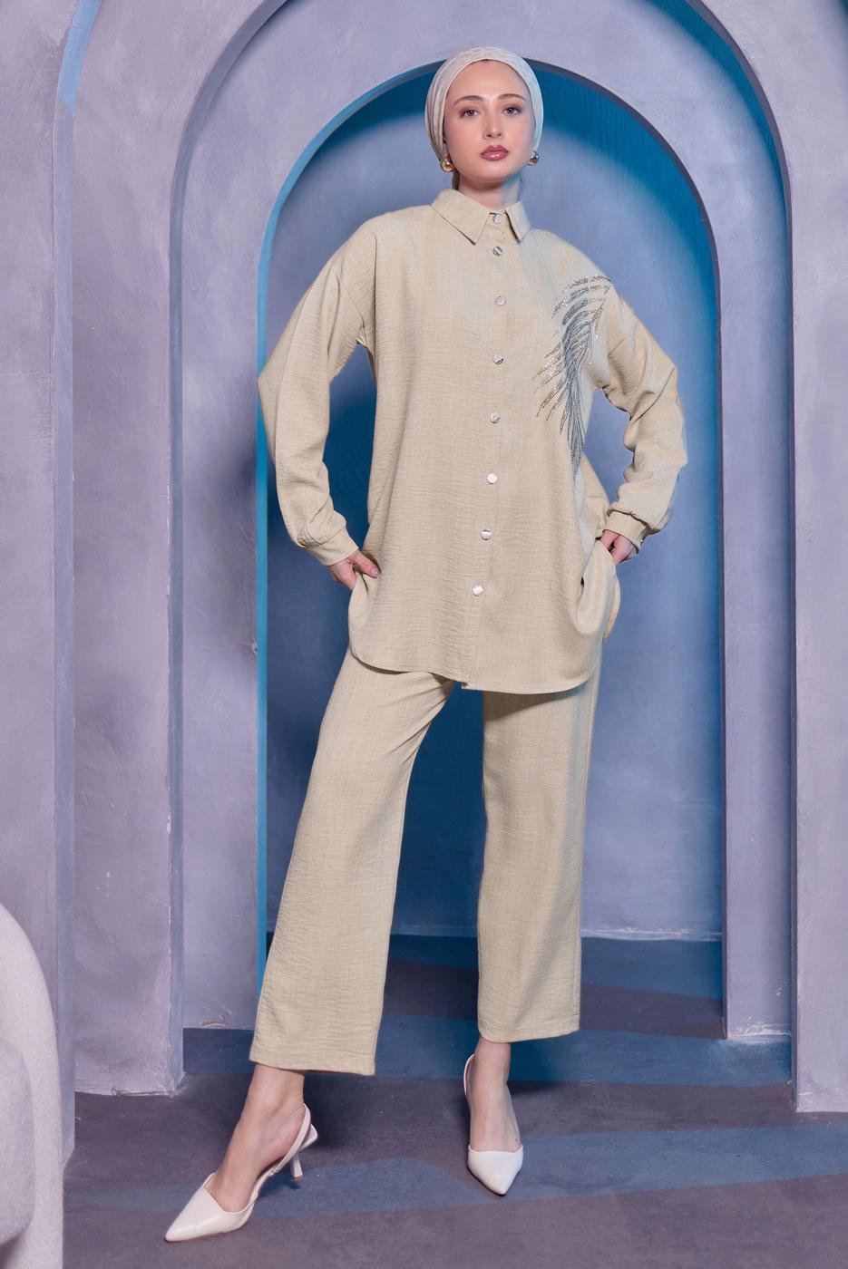 Tesettür giyim BEJ TAŞ BASKILI PANTOLONLU TAKIM T 0783