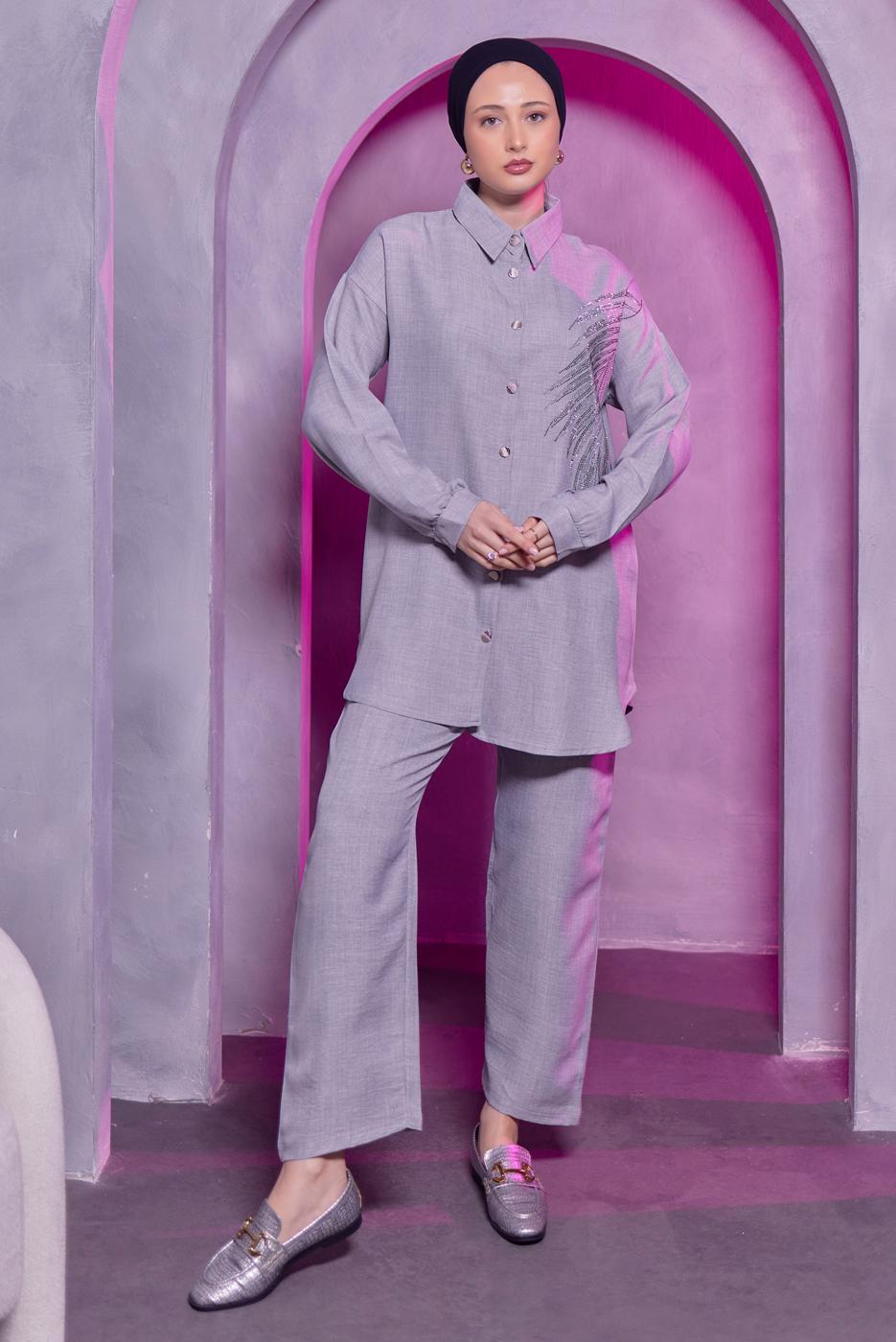 Tesettür giyim GRİ TAŞ BASKILI PANTOLONLU TAKIM T 0783