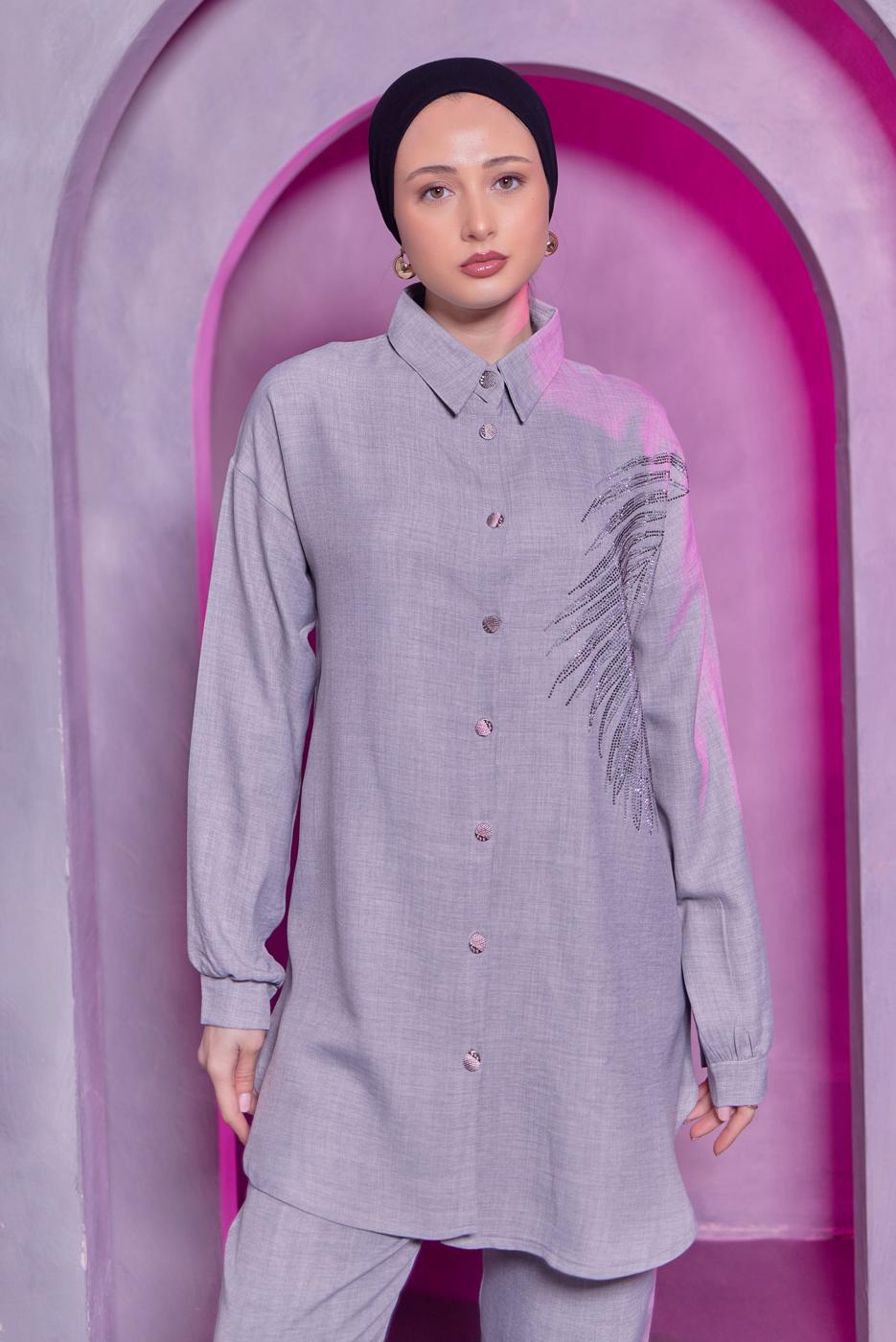 Tesettür giyim GRİ TAŞ BASKILI PANTOLONLU TAKIM T 0783