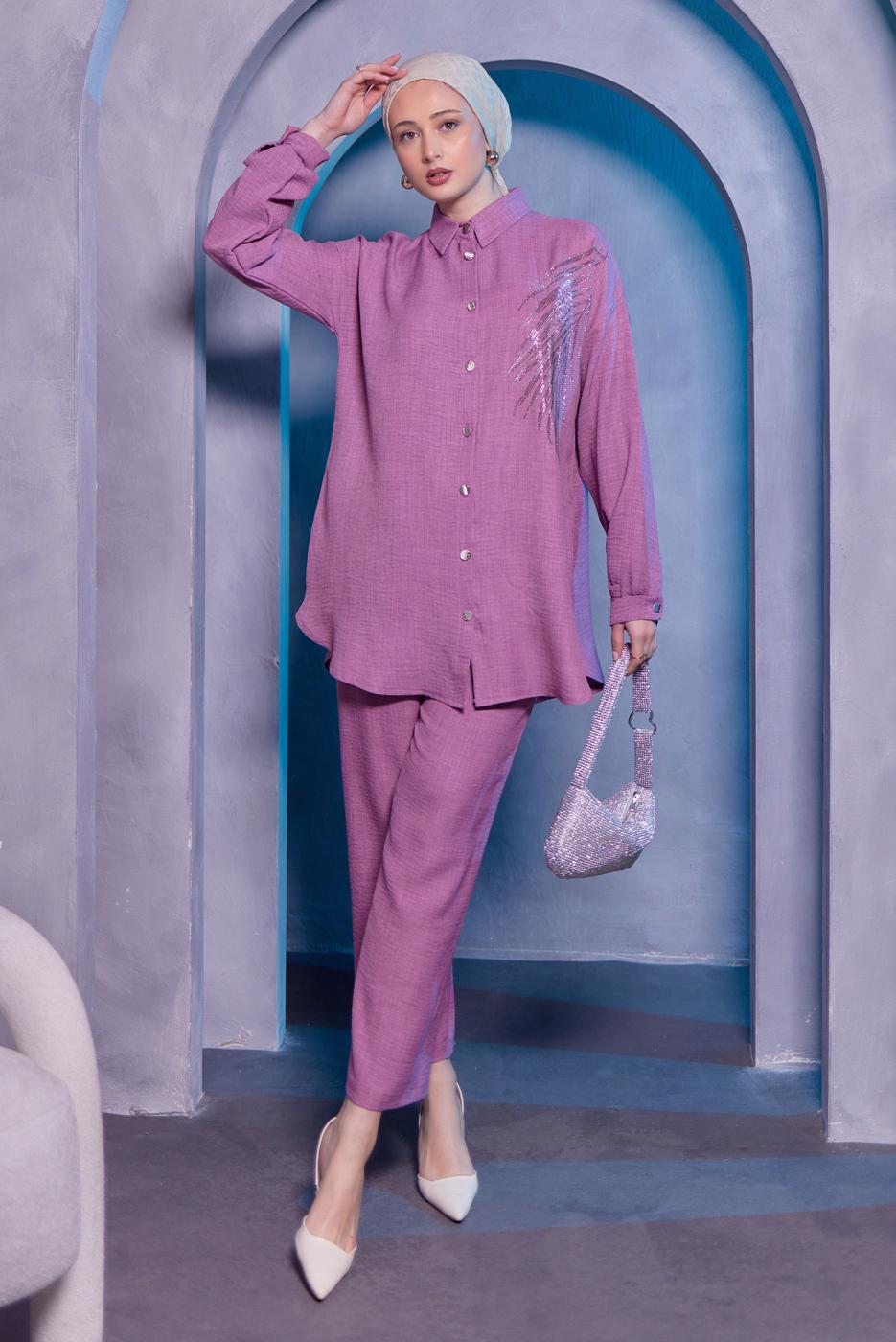Hijab clothing PURPLE PANTS SUIT WITH GEM T 0783