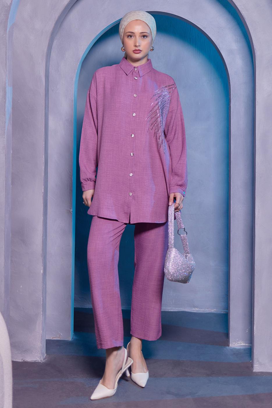 Hijab clothing PURPLE PANTS SUIT WITH GEM T 0783