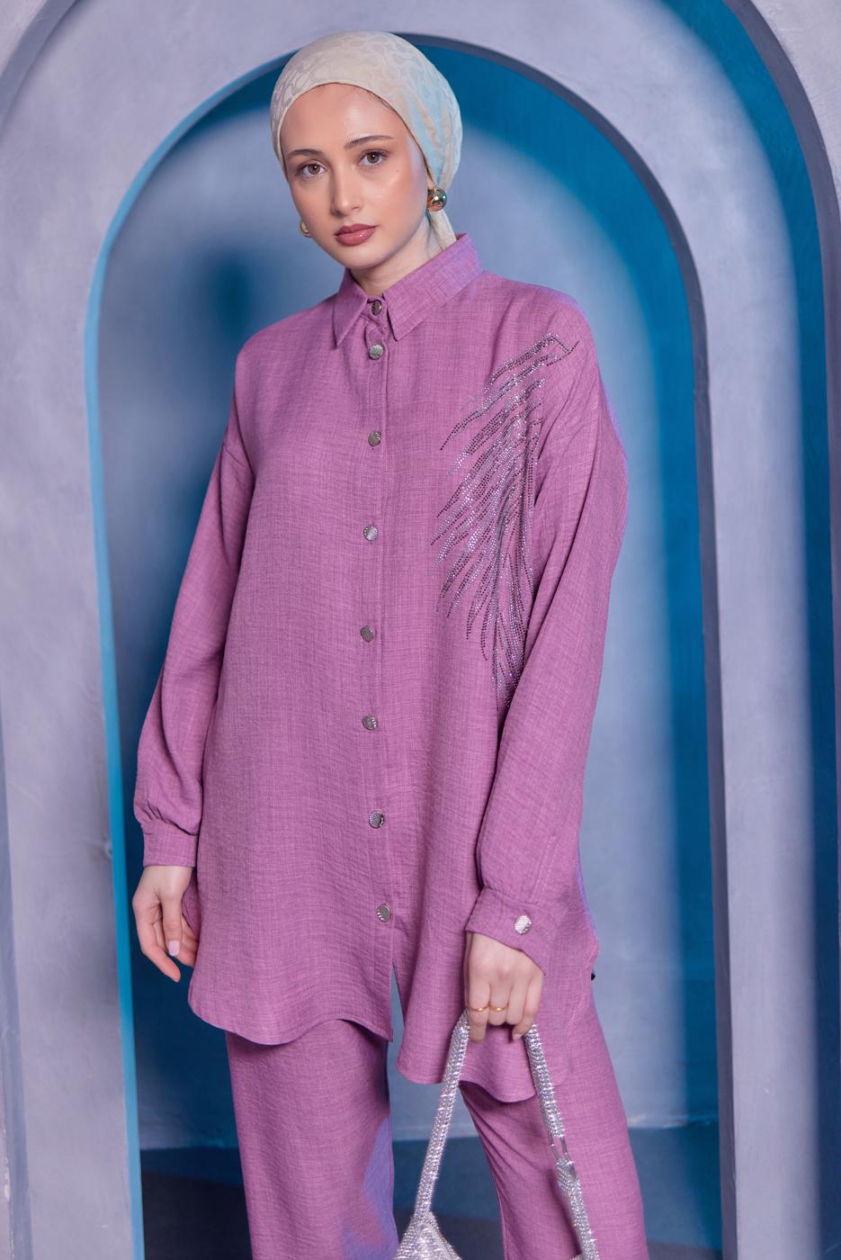 Hijab clothing PURPLE PANTS SUIT WITH GEM T 0783