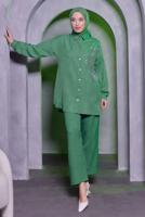 Tesettür giyim YEŞİL TAŞ BASKILI PANTOLONLU TAKIM T 0783