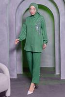 Tesettür giyim YEŞİL TAŞ BASKILI PANTOLONLU TAKIM T 0783