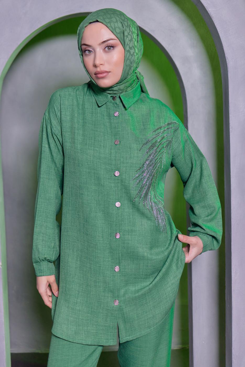 Tesettür giyim YEŞİL TAŞ BASKILI PANTOLONLU TAKIM T 0783