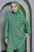 Tesettür giyim YEŞİL TAŞ BASKILI PANTOLONLU TAKIM T 0783