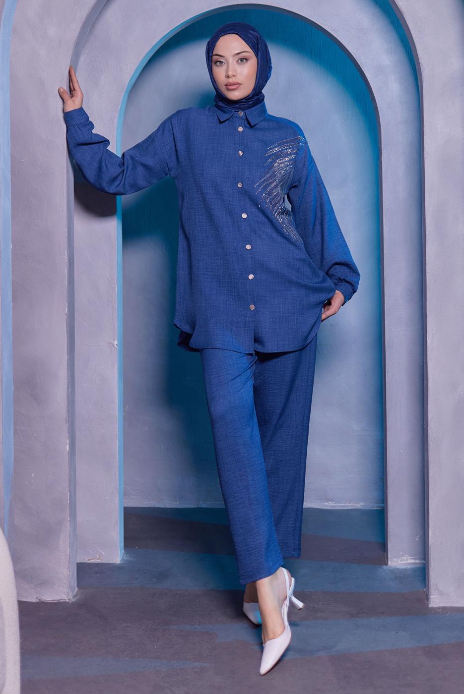 Tesettür giyim LACİVERT TAŞ BASKILI PANTOLONLU TAKIM T 0783