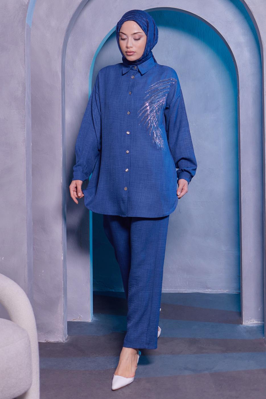 Tesettür giyim LACİVERT TAŞ BASKILI PANTOLONLU TAKIM T 0783