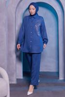 Tesettür giyim LACİVERT TAŞ BASKILI PANTOLONLU TAKIM T 0783