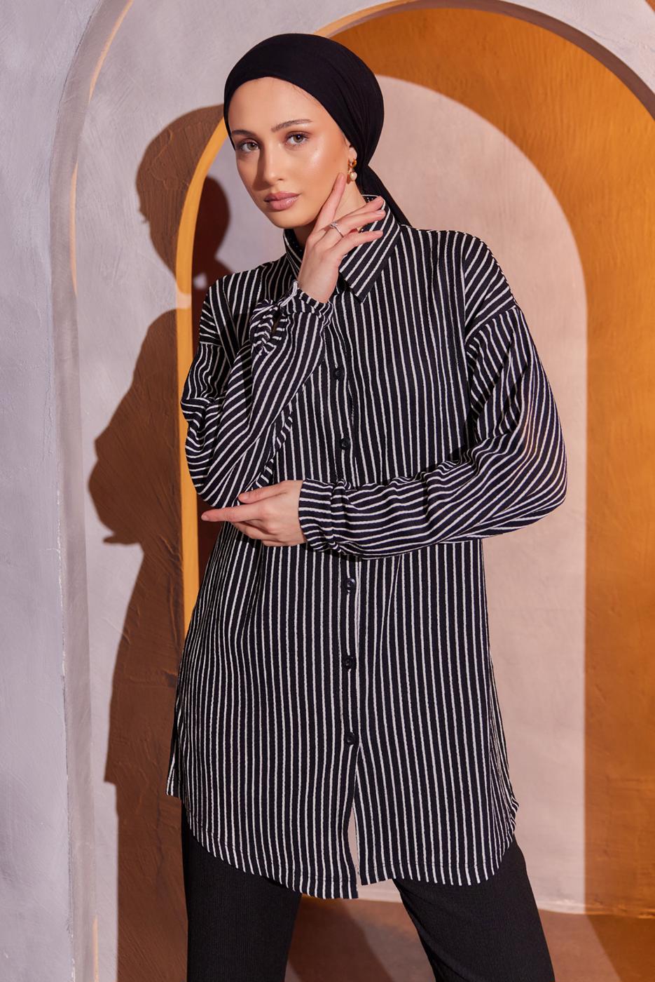 Tesettür giyim SİYAH ÇİZGİLİ PANTOLONLU TAKIM T 0793