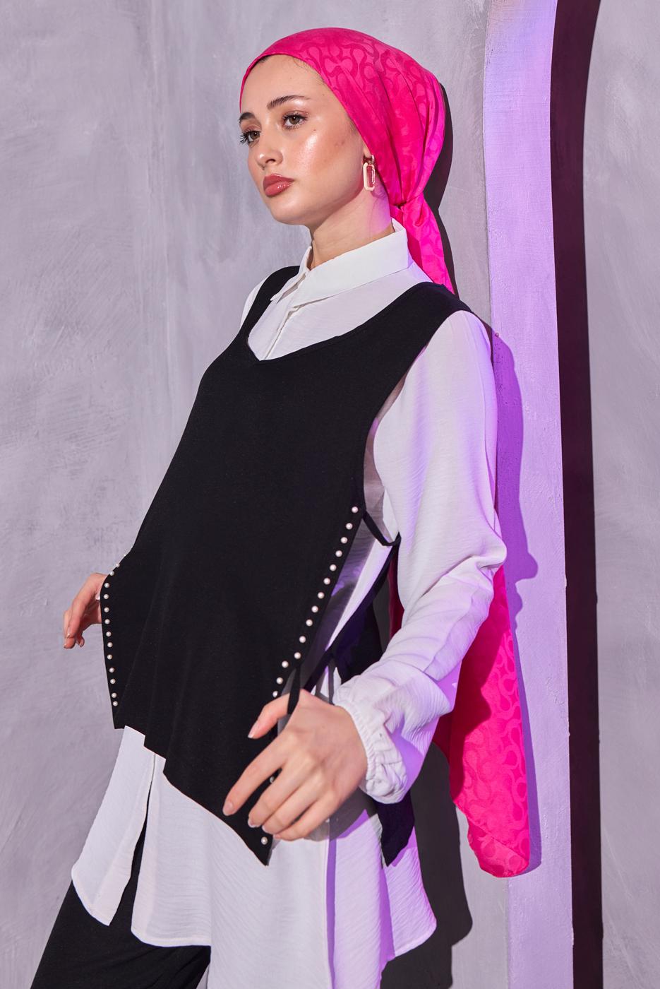 Tesettür giyim SİYAH İNCİ DETAYLI ÜÇLÜ PANTOLONLU TAKIM T 0804