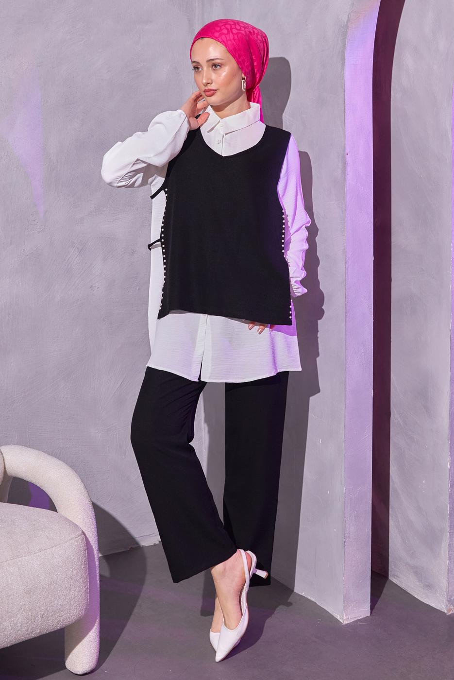 Tesettür giyim SİYAH İNCİ DETAYLI ÜÇLÜ PANTOLONLU TAKIM T 0804