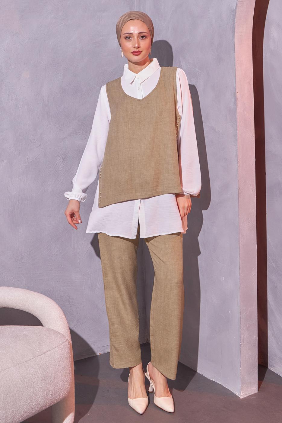 Tesettür giyim BEJ İNCİ DETAYLI ÜÇLÜ PANTOLONLU TAKIM T 0804