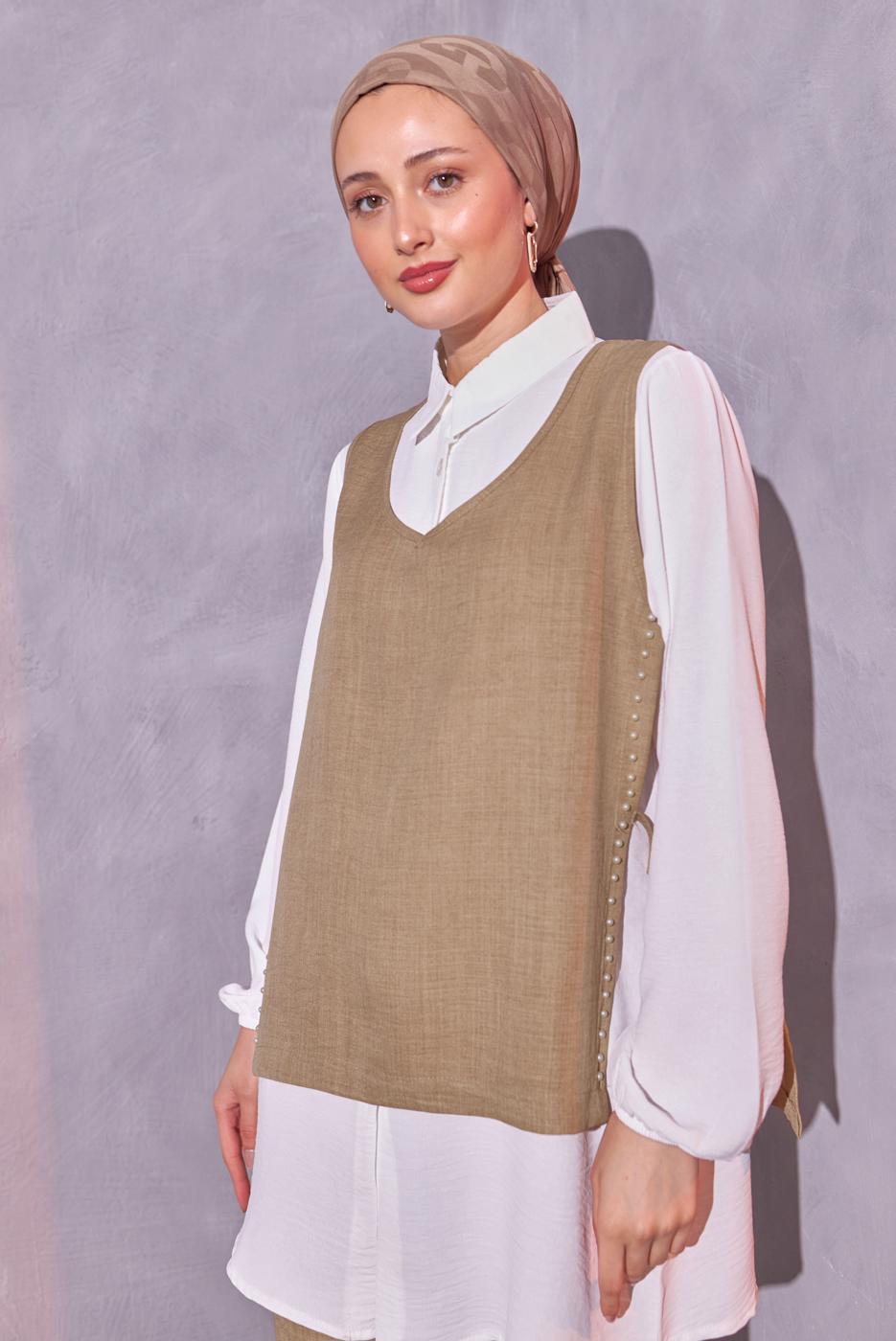 Tesettür giyim BEJ İNCİ DETAYLI ÜÇLÜ PANTOLONLU TAKIM T 0804