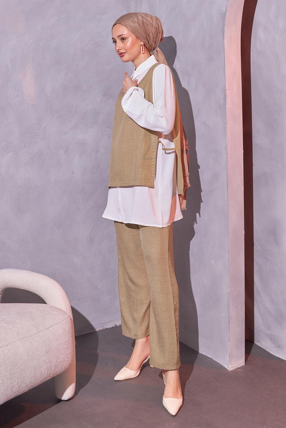 Tesettür giyim BEJ İNCİ DETAYLI ÜÇLÜ PANTOLONLU TAKIM T 0804