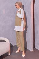 Tesettür giyim BEJ İNCİ DETAYLI ÜÇLÜ PANTOLONLU TAKIM T 0804