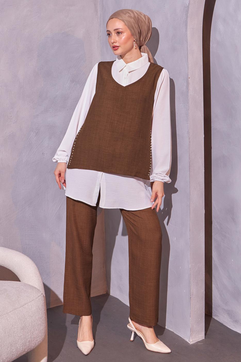 Tesettür giyim KAHVE İNCİ DETAYLI ÜÇLÜ PANTOLONLU TAKIM T 0804