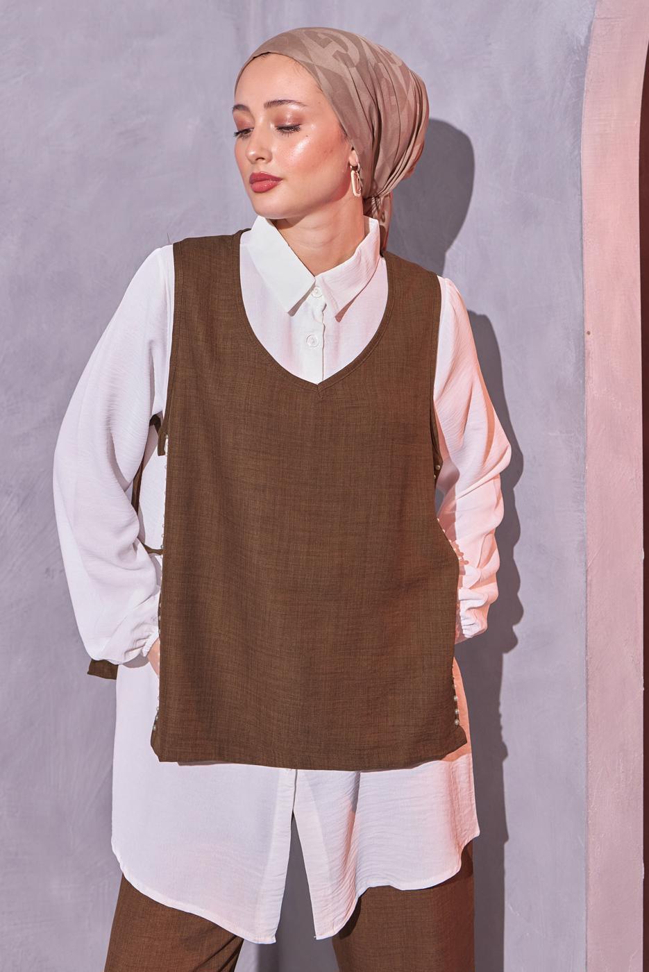 Tesettür giyim KAHVE İNCİ DETAYLI ÜÇLÜ PANTOLONLU TAKIM T 0804