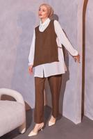 Tesettür giyim KAHVE İNCİ DETAYLI ÜÇLÜ PANTOLONLU TAKIM T 0804