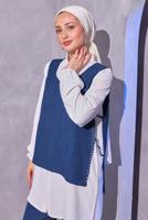 Tesettür giyim LACİVERT İNCİ DETAYLI ÜÇLÜ PANTOLONLU TAKIM T 0804