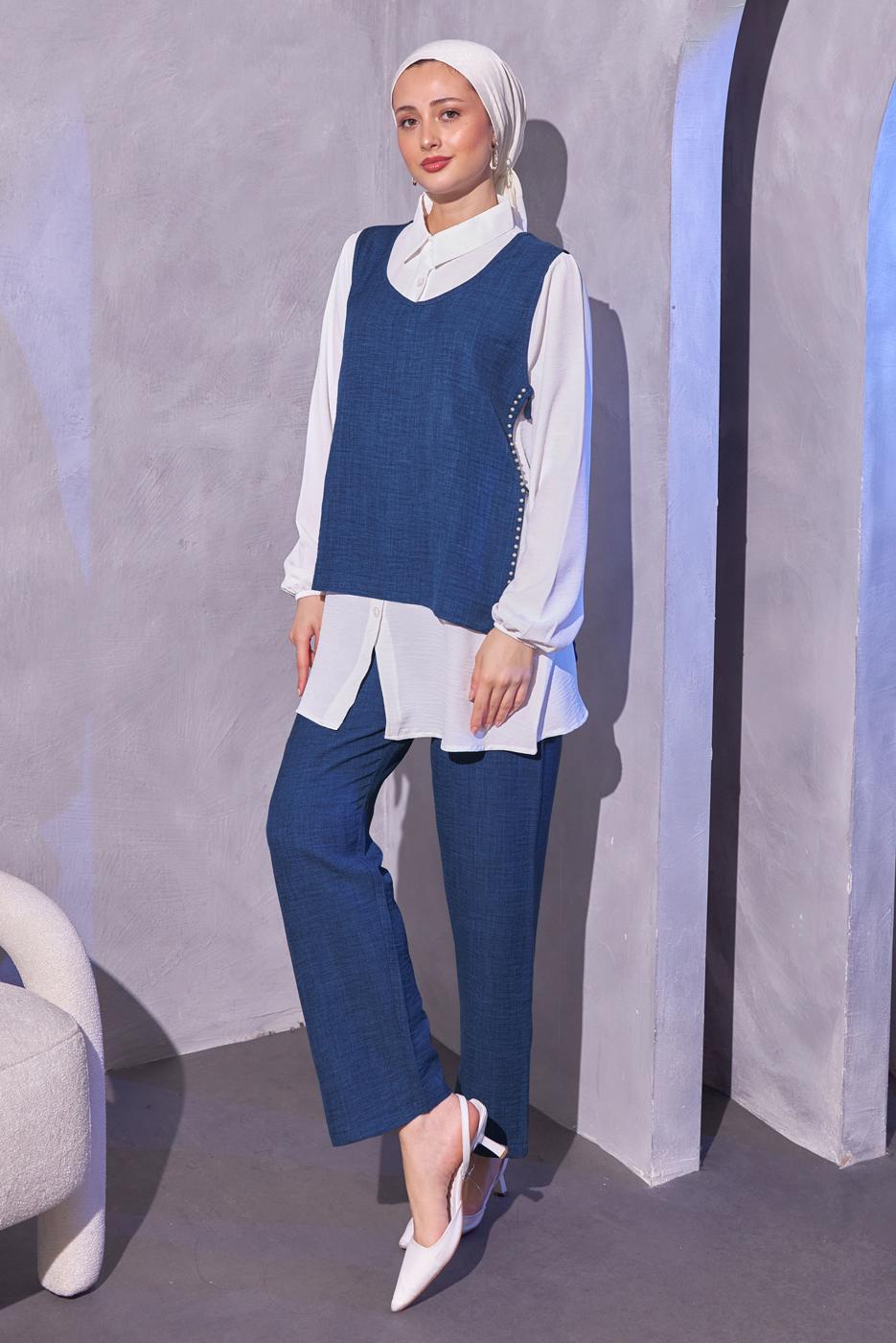 Tesettür giyim LACİVERT İNCİ DETAYLI ÜÇLÜ PANTOLONLU TAKIM T 0804